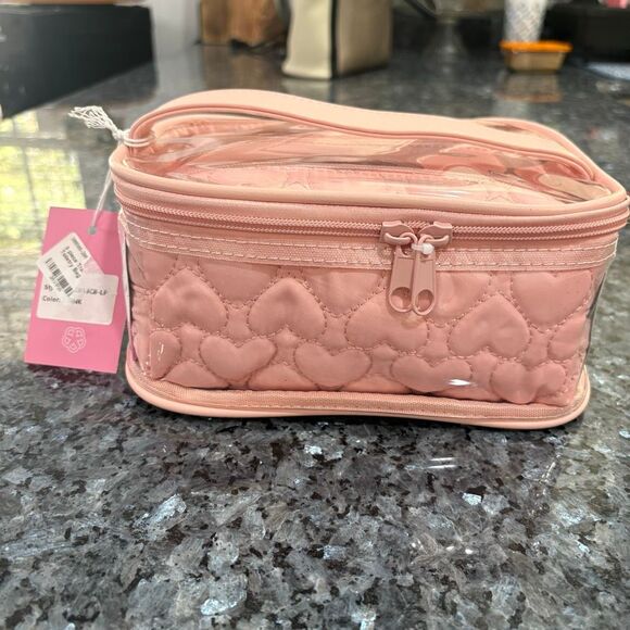 New Pink Quilted Heart Makeup Bag – Clear Top Travel Cosmetic Case - Picture 2 of 11